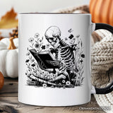 Gothic Reading Skeleton Personalized Mug, Floral Halloween Gift with Custom Name