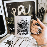 Gothic Reading Skeleton Personalized Mug, Floral Halloween Gift with Custom Name