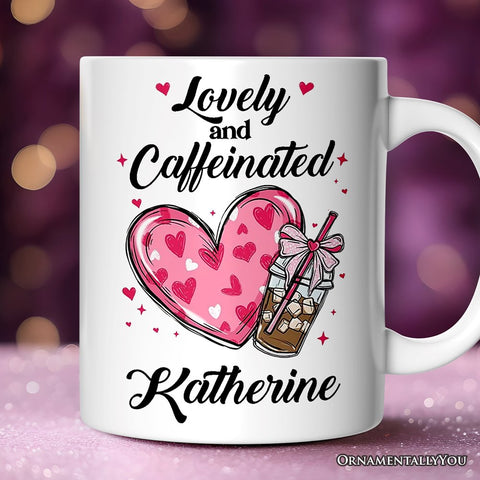 Lovely And Caffeinated Personalized Mug, Valentine Heart Coquette Bow Coffee Lover Gift With Custom Name