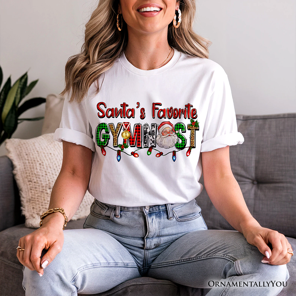 Santa’s Favorite Gymnast Plaid Christmas T-Shirt, Sports Team Holiday Tee
