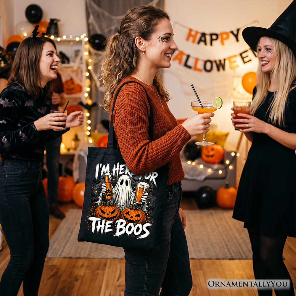 I’m Here for the Boos Ghost Tote Bag, Funny Halloween Beer Pumpkin Gift Shopper