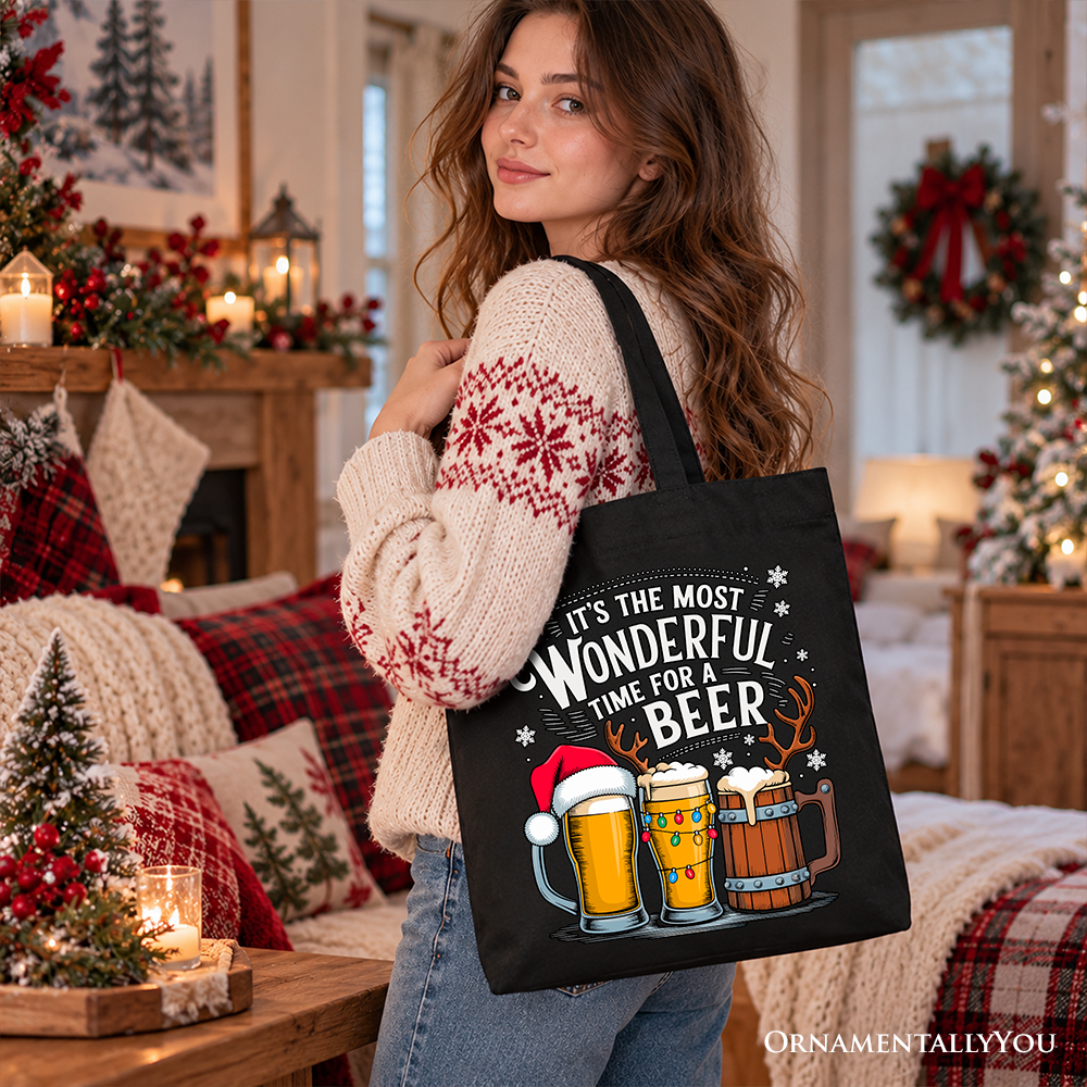 It's The Most Wonderful Time For a Beer Tote Bag, Funny Holiday Beer Christmas Gift Shopper for Festive Drinkers