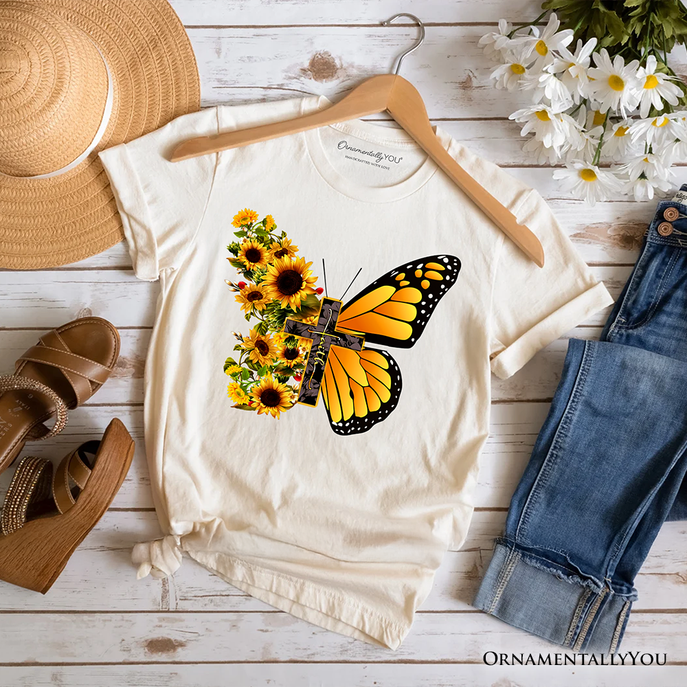 Faith Cross Butterfly T-Shirt, Christian Sunflower Floral Tee
