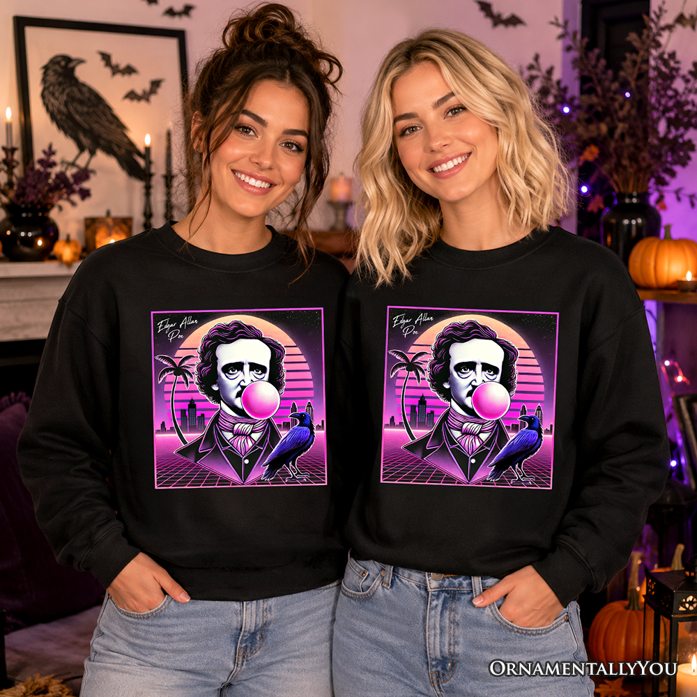 Synthwave 80's Styled Edgar Allan Poe Horror Sweatshirt, Vaperwave Classic Retro Neon Halloween Sweater