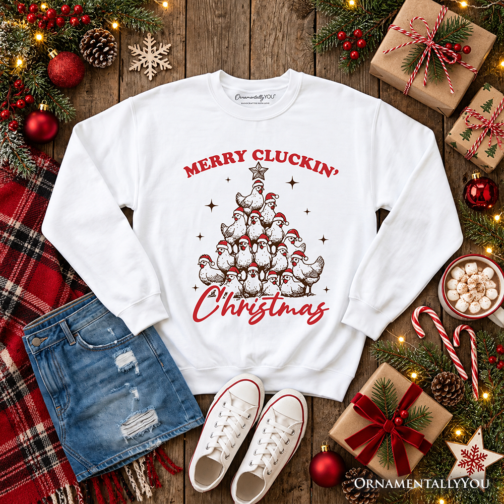 Merry Cluckin' Christmas Tree Sweatshirt, Funny Santa Hat Chicken Farmhouse Sweater