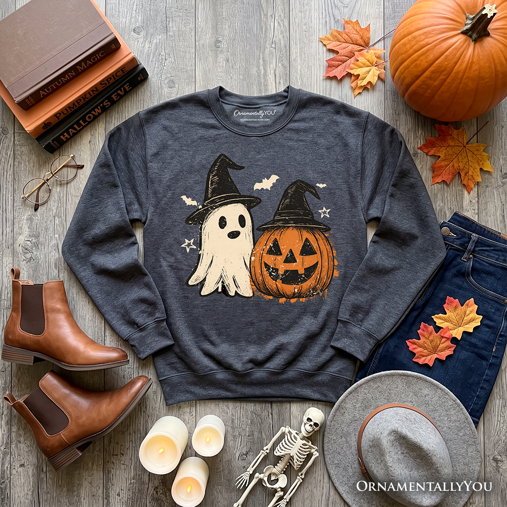 Witch Hat Ghost and Pumpkin Sweatshirt, Vintage Halloween Jack O' Lantern Sweater