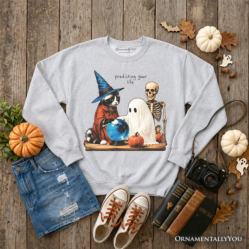 Predicting Your Life Witch Racoon Sweatshirt, Vintage Halloween Ghost Skeleton Fortune Teller Sweater