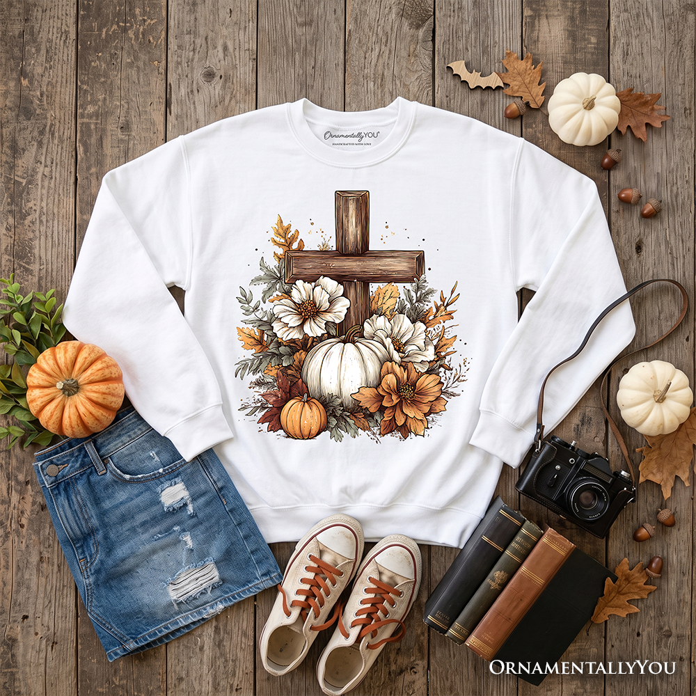 Christian Floral Pumpkin Cross Sweatshirt, Boho Religious Fall Sweater