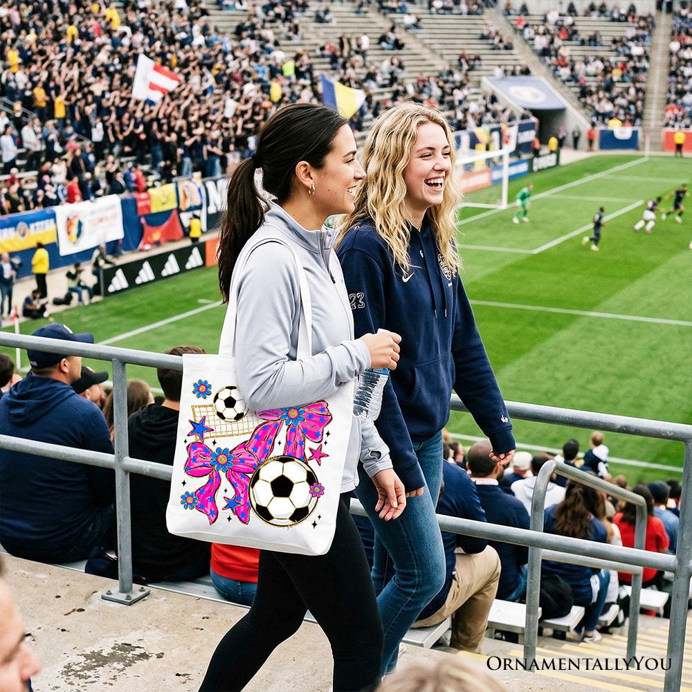 Soccer Coquette Pink Bow Tote Bag, Preppy Game Day Gift Shopper