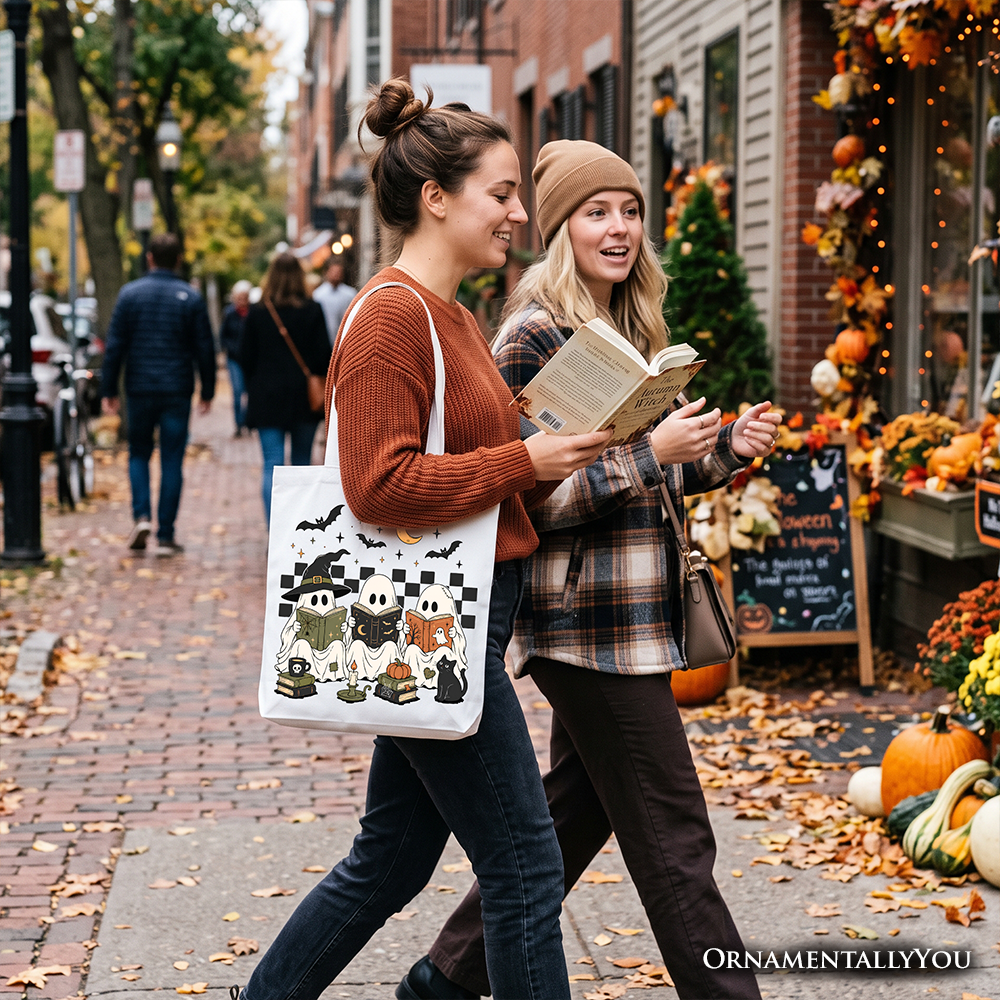 Bookish Ghosts Reading Tote Bag, Checkered Halloween Witch Cat Gift Shopper