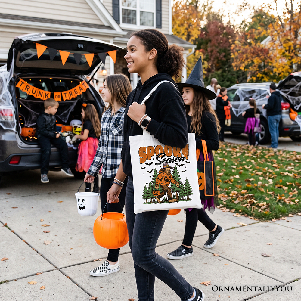 Spooky Season Bigfoot Tote Bag, Halloween Sasquatch Pumpkin Gift Shopper