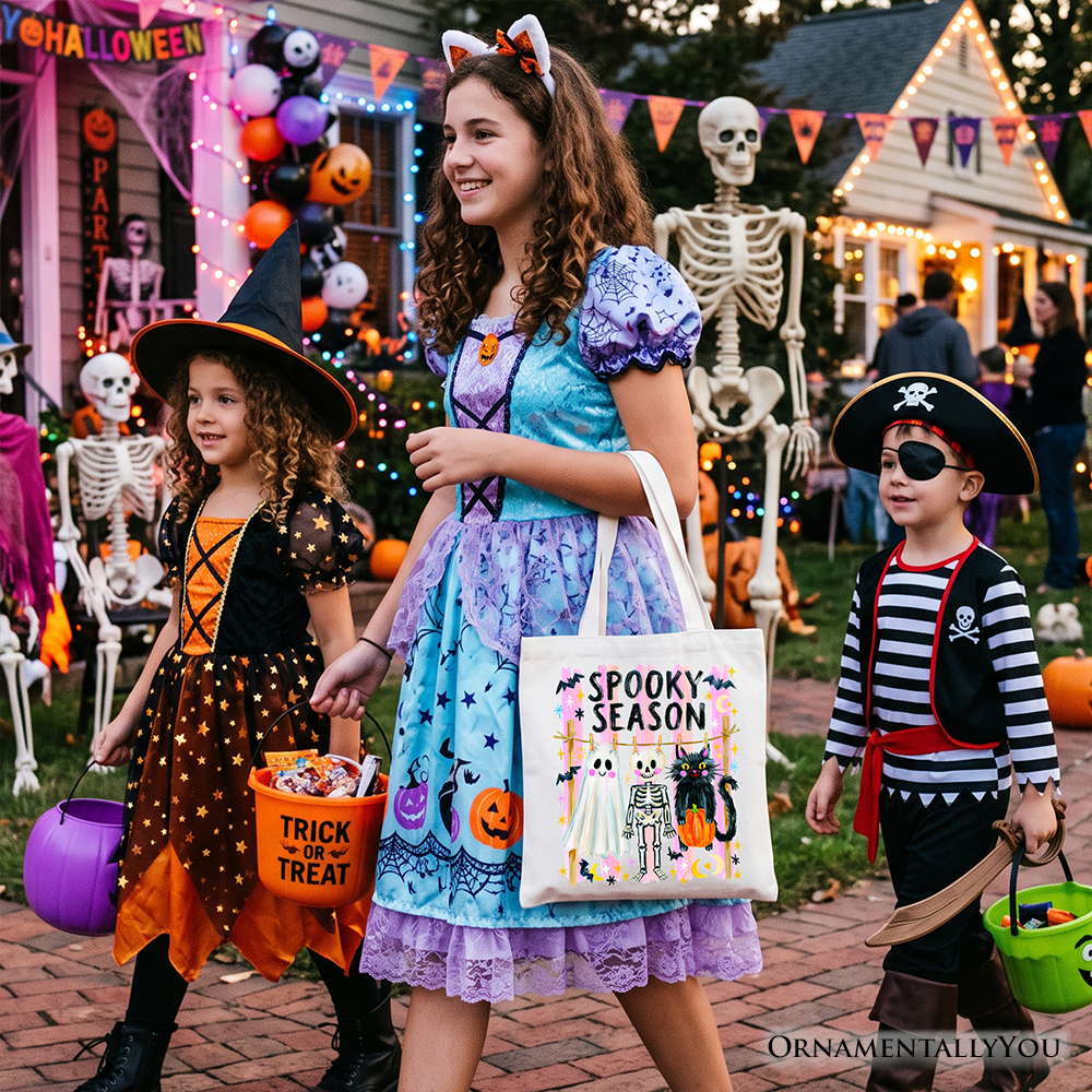 Spooky Season Ghost Skeleton Cat Tote Bag, Colorful Halloween Costume Gift Shopper
