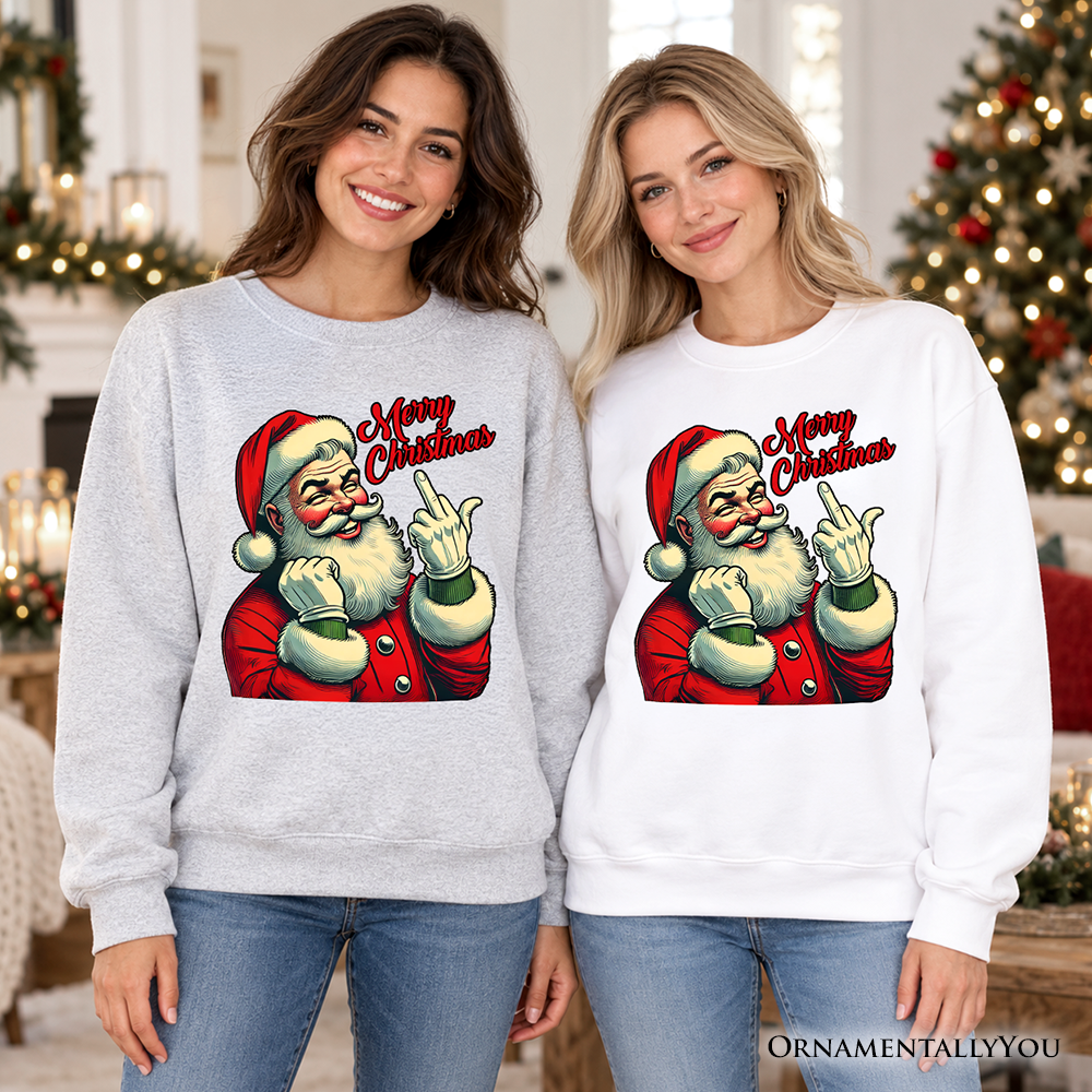 Santa Middle Finger Christmas Sweatshirt, Vintage Funny Sweater for Naughty Holiday Humor