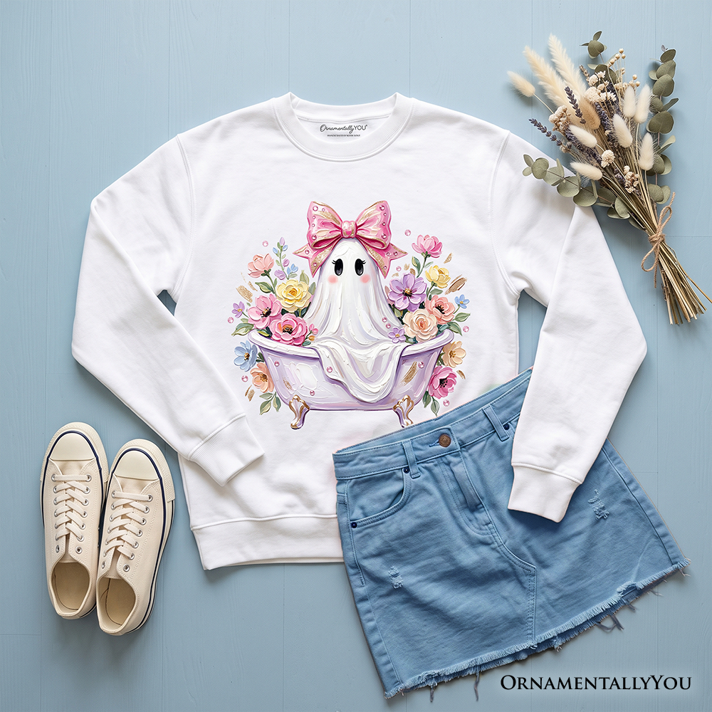 Pink Bow Bathtub Ghost Sweatshirt, Floral Coquette Halloween Sweater