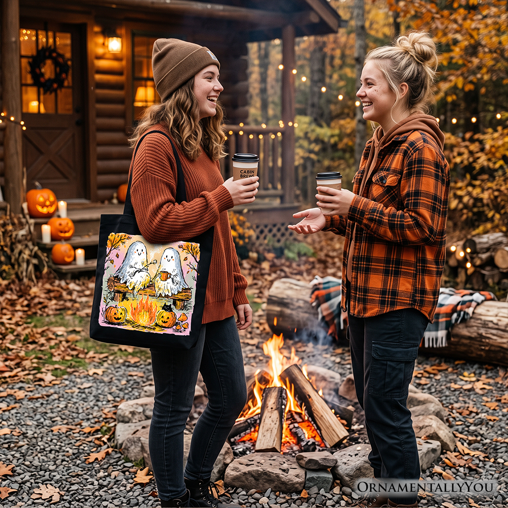 Cozy Campfire Ghosts Tote Bag, Fall Halloween Pumpkin Gift Shopper