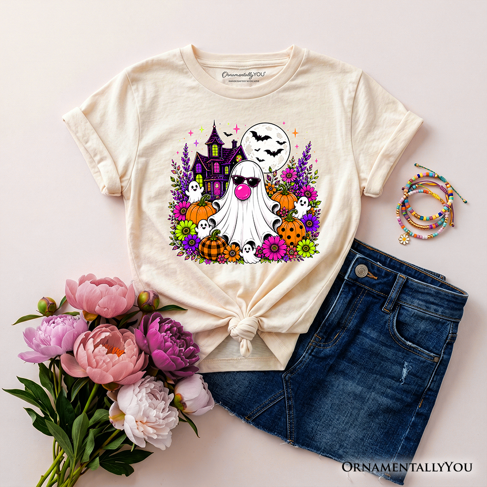 Kids Bubblegum Ghost Haunted House T-Shirt, Colorful Floral Halloween Pumpkin Youth Tee