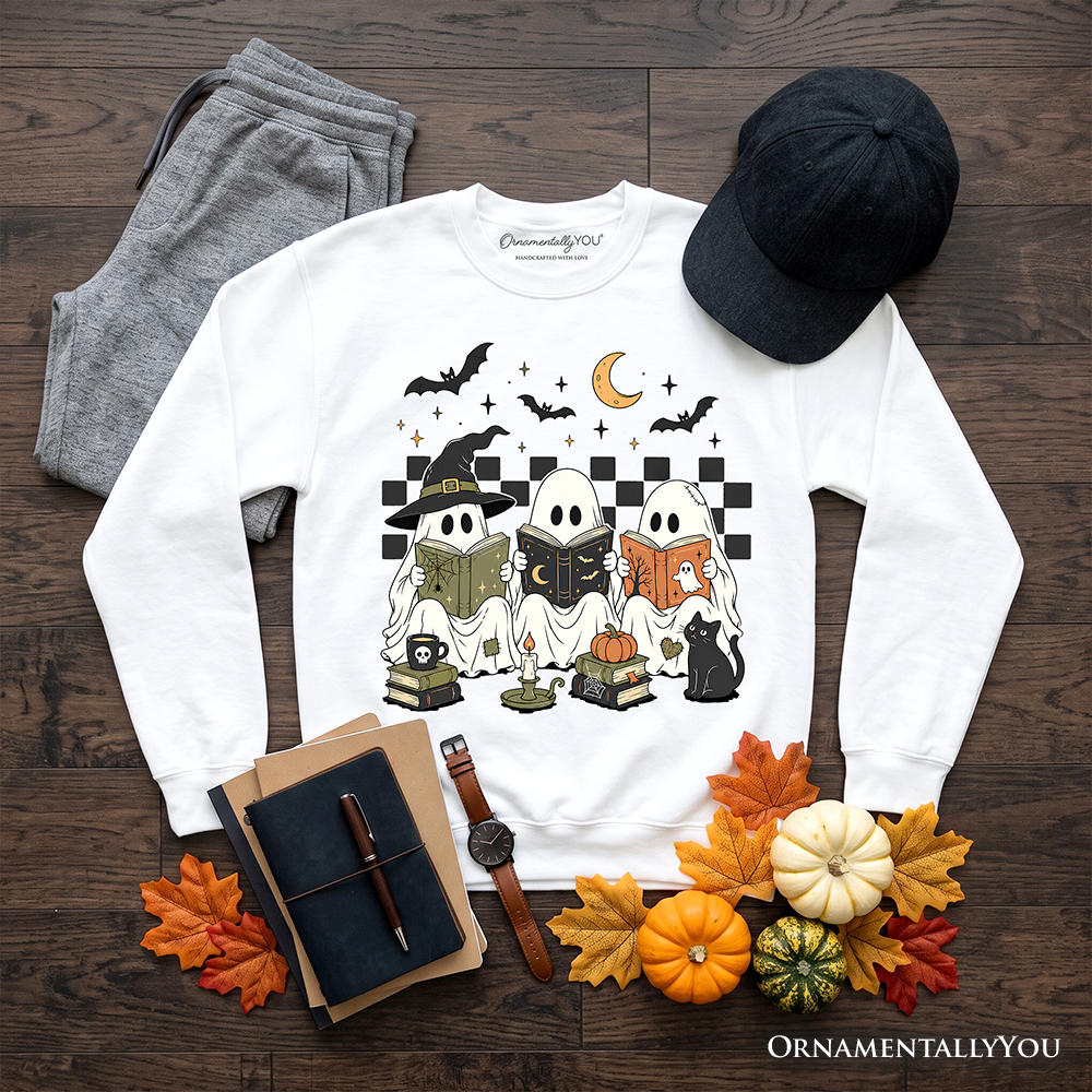 Bookish Ghosts Reading Sweatshirt, Checkered Halloween Witch Cat Sweater