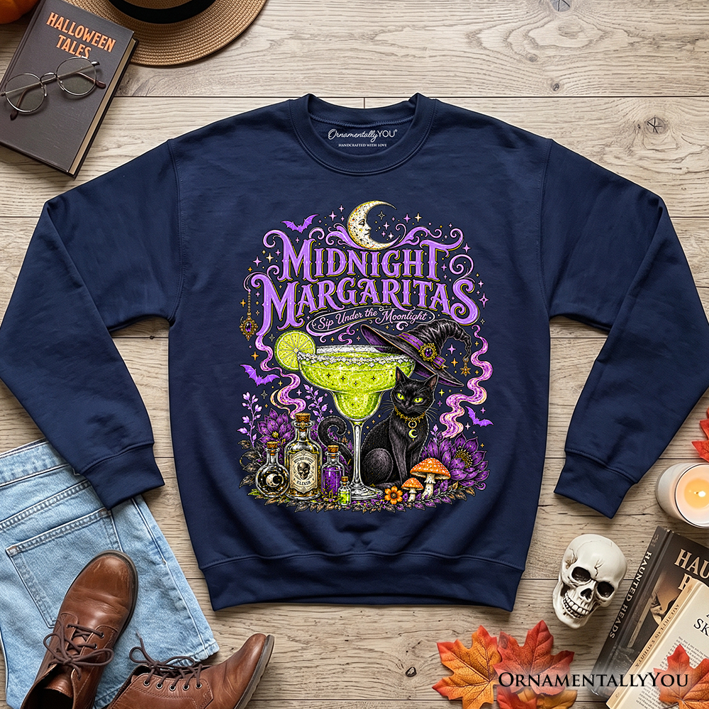 Midnight Margaritas Black Cat Halloween Sweatshirt, Witchy Cocktail Sweater for Spooky Season