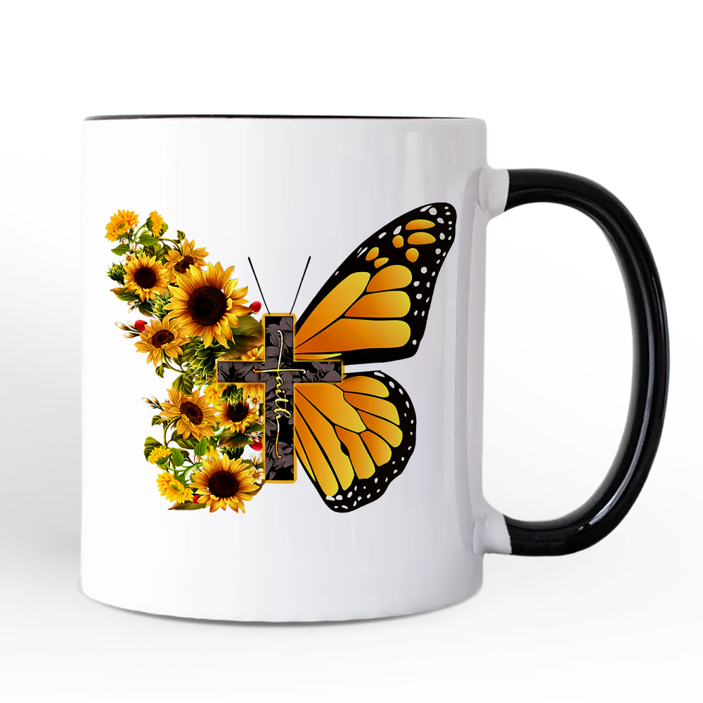 Faith Cross Butterfly Mug, Christian Sunflower Floral Gift