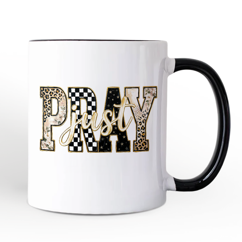Just Pray Christian Varsity Mug, Retro Leopard Checkered Faith Gift