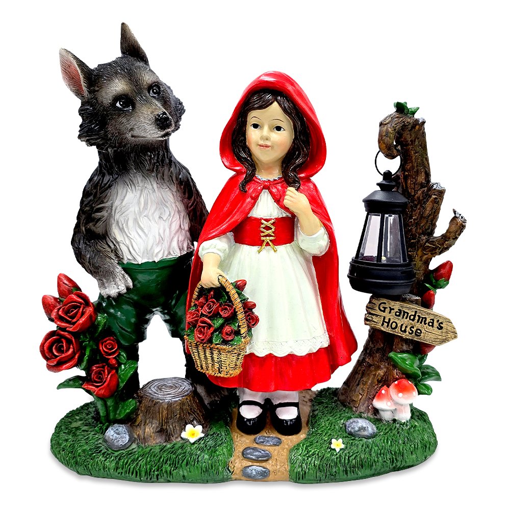 Solar Powered Little Red Riding Hood Garden Statue, 12" Lighted Fairy Tale Figurine Outdoor Decor