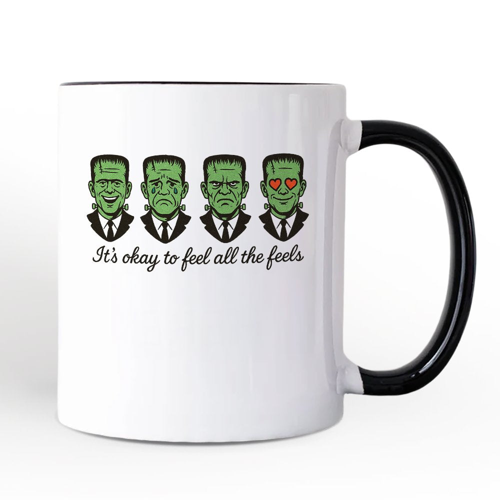 Frankenstein Itβs Okay To Feel All The Feels Personalized Mug, Funny Mental Health Feelings Gift with Custom Name