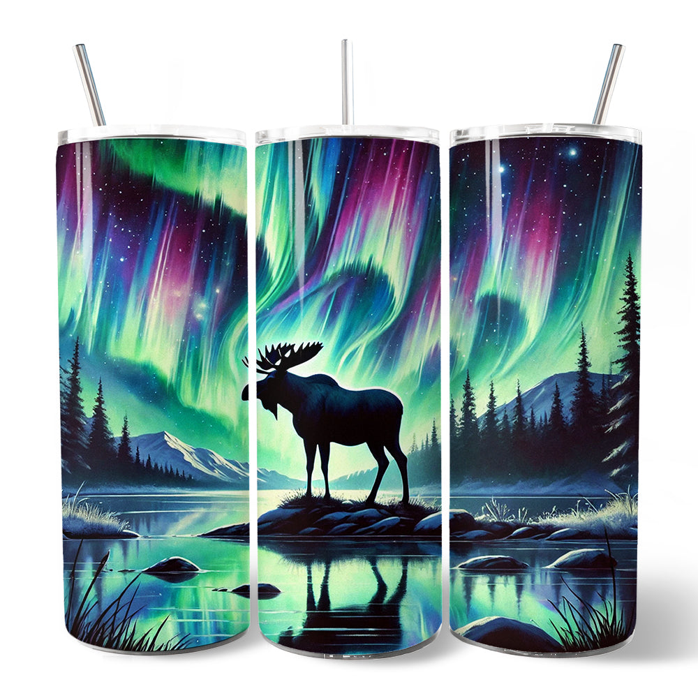 Majestic Moose Under Northern Lights 20oz Personalized Tumbler With Lid and Stainless Steel Straw, Enchanted Christmas Gift Cup