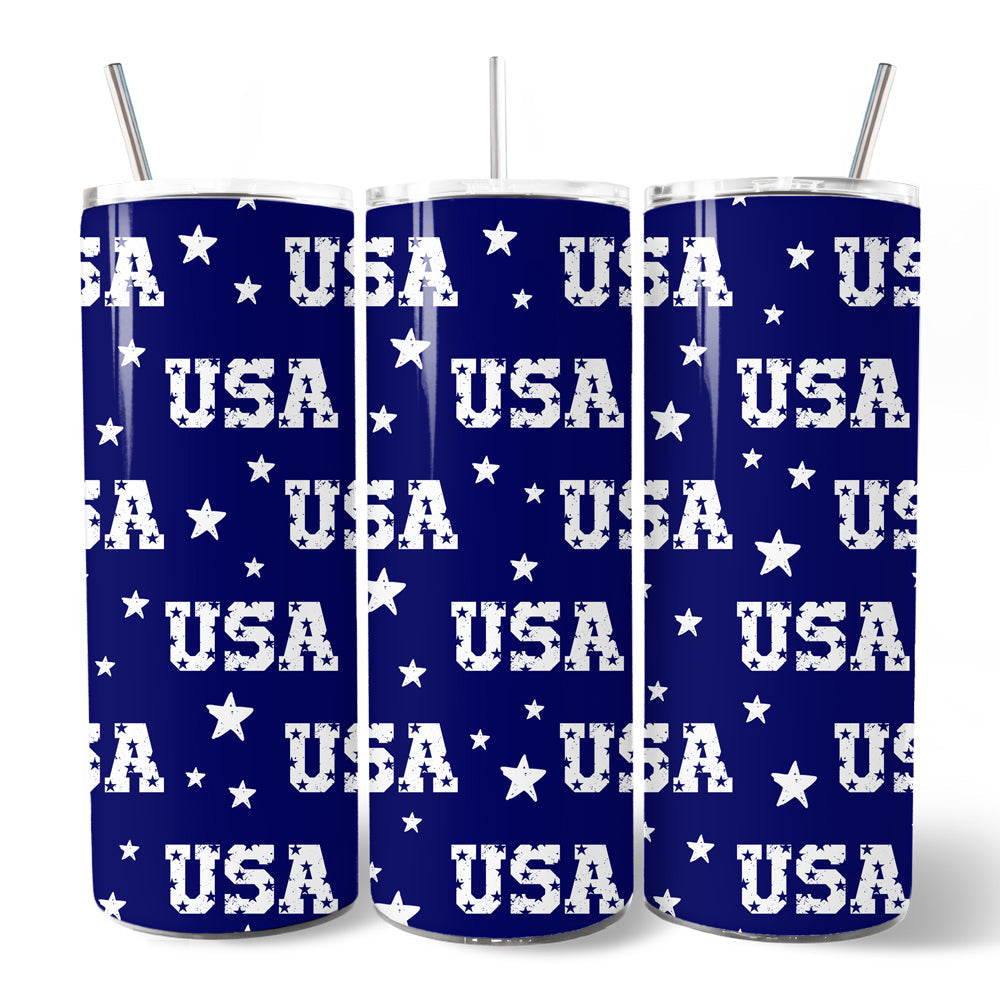 Navy USA Block Letters Pattern 20oz Personalized Tumbler With Lid and Stainless Steel Straw, Vintage Independence Day Patriotic Gift Cup