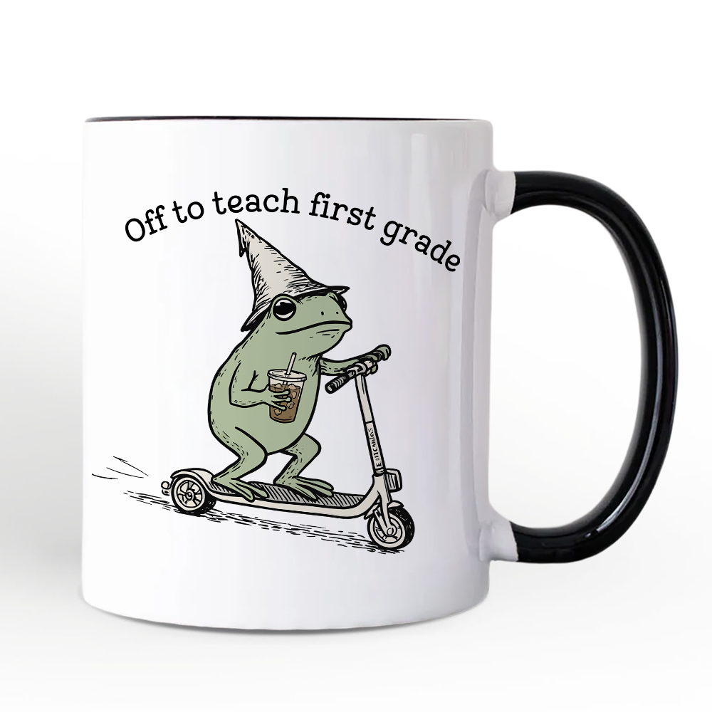 Off to Teach First Grade Frog Personalized Mug, Funny Teachers Gift with Custom Name