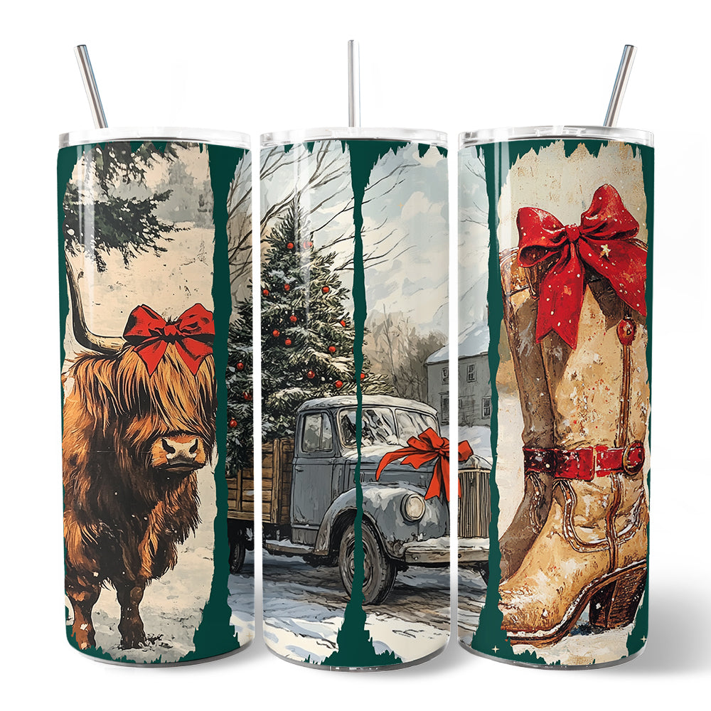 Small Town Christmas 20oz Personalized Tumbler With Lid and Stainless Steel Straw, Highland Cow Rustic Western Cowgirl Gift Cup