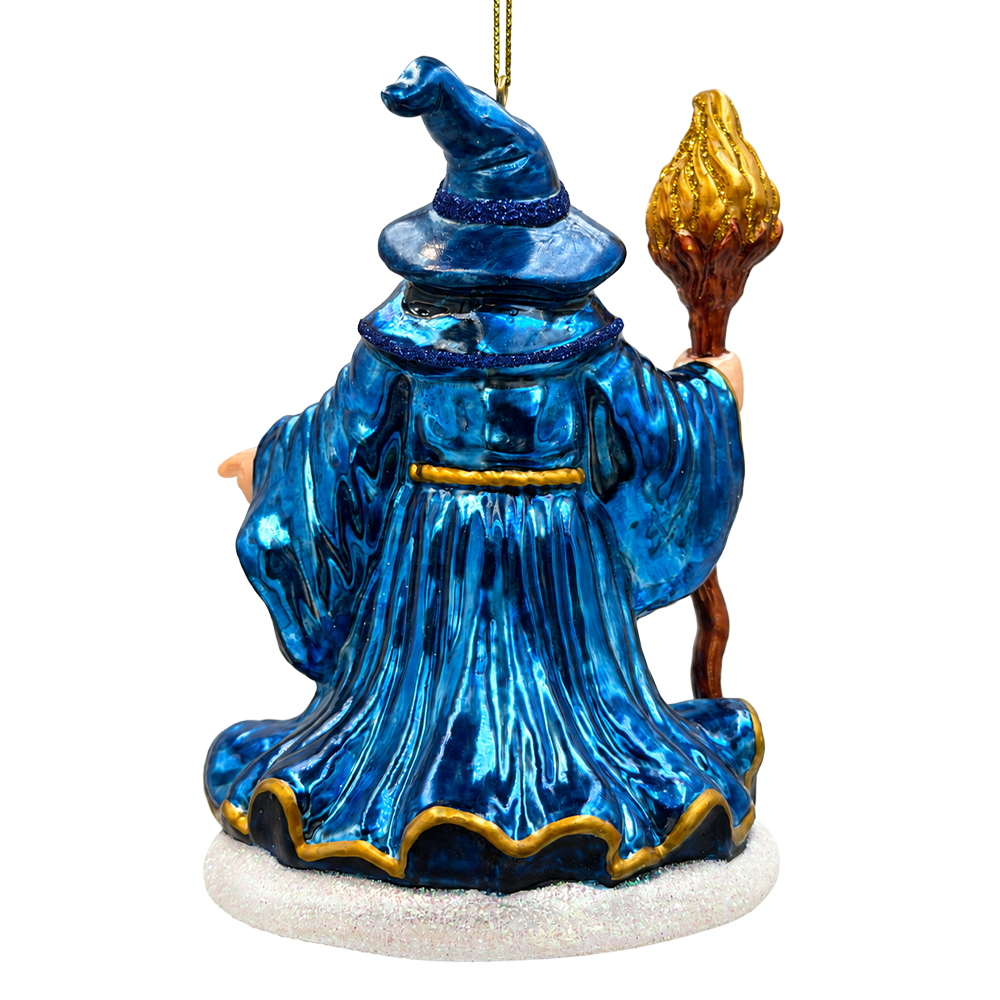 (PRE-ORDER) Blue Wizard with Flaming Staff Glass Christmas Ornament, Fantasy Sorcerer Magic Tree Decor