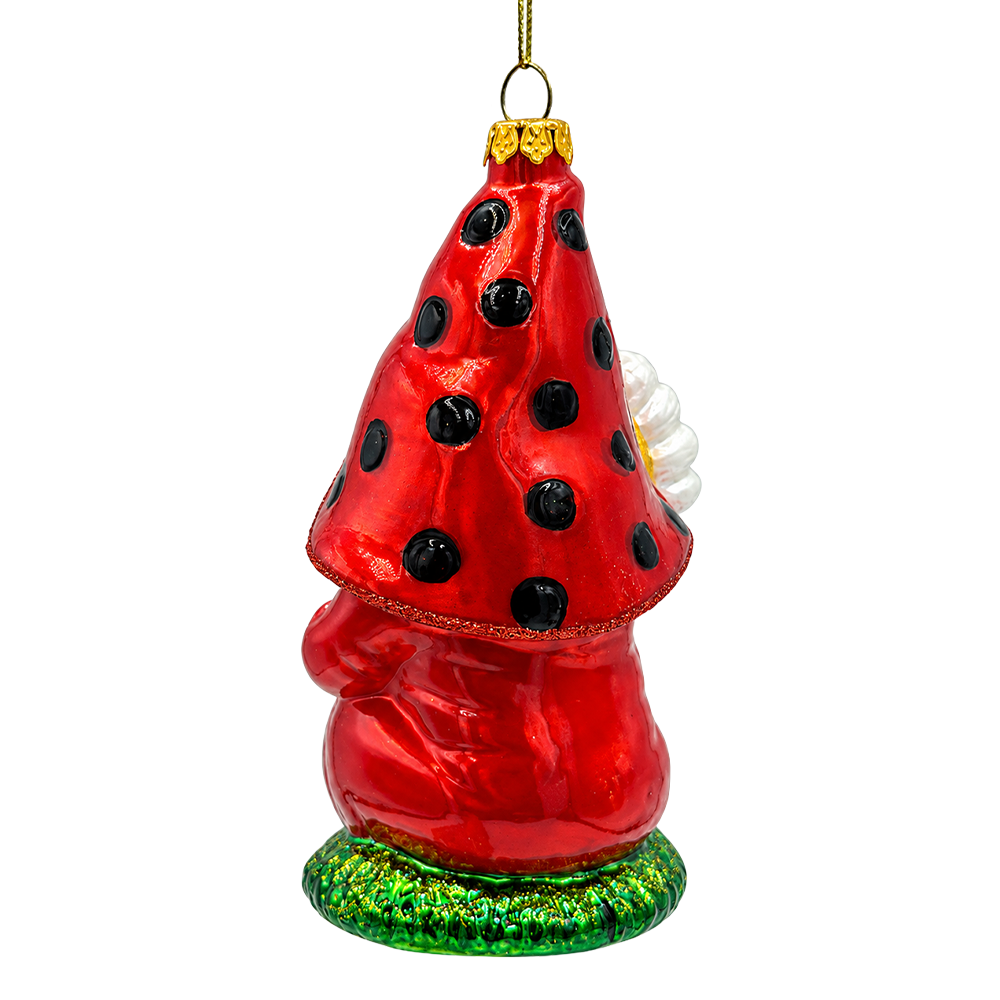 (PRE-ORDER) Whimsical Ladybug Gnome with Daisy Glass Christmas Ornament, Garden Gnome Holiday Tree Decor