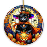 Enchanted Cat Witch Stained Glass Style Ceramic Ornament, Halloween Themed Christmas Gift and Decor