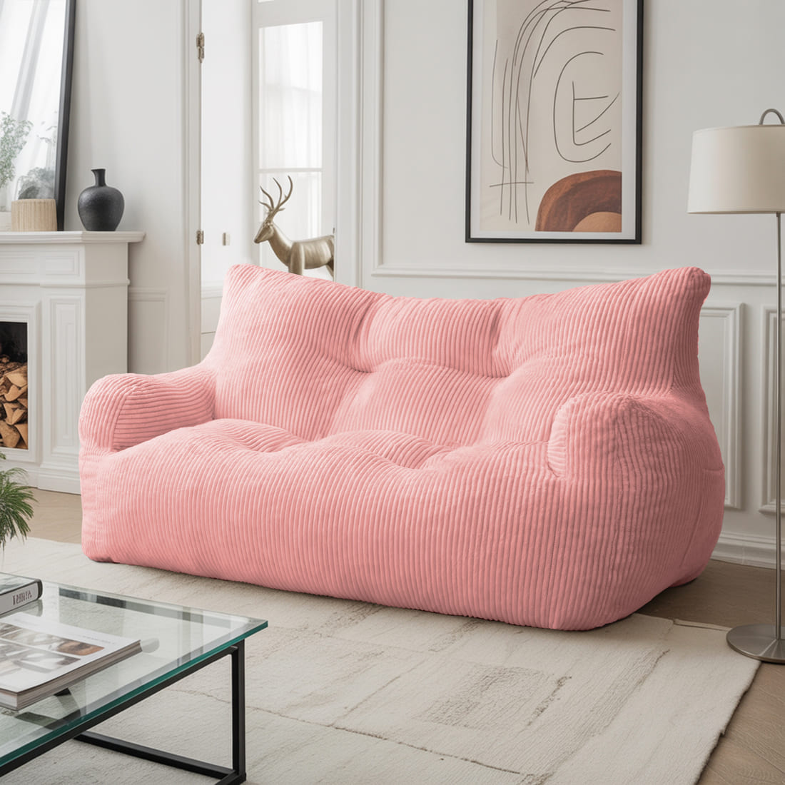 2-Person Bean Bag Sofa Chair, 63" Wide Corduroy with Memory Foam