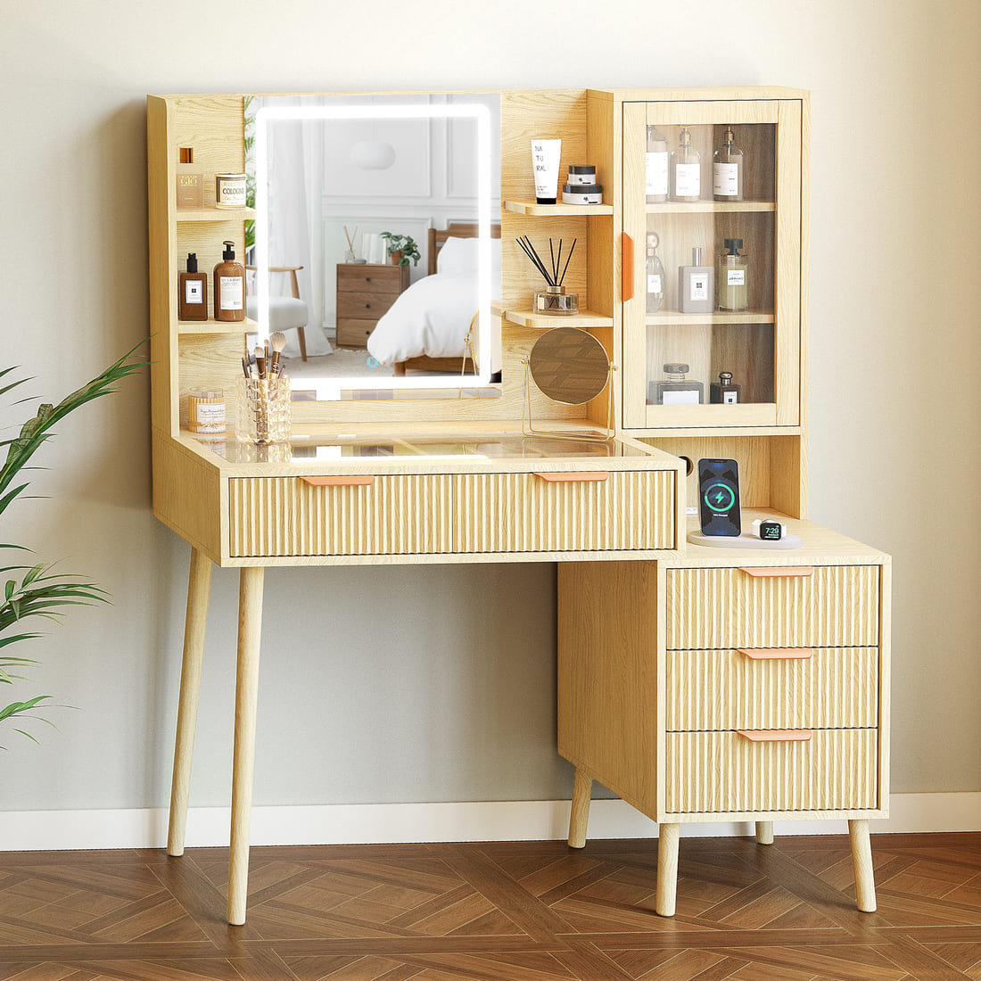 Fluted Glass-Top Makeup Vanity Desk with Glass Cabinet