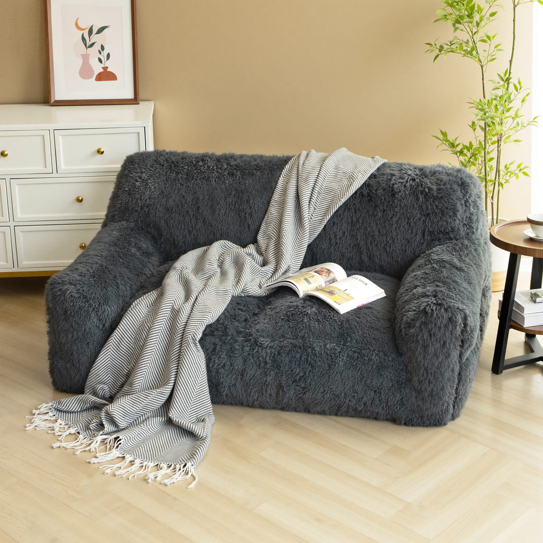 Pamapic 2-Seater Faux Fur Big Bean Bag Chair for Adult