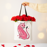 Pink Leopard Valentine Canvas Tote Bag, Cute Hearts Reusable Urban Bag