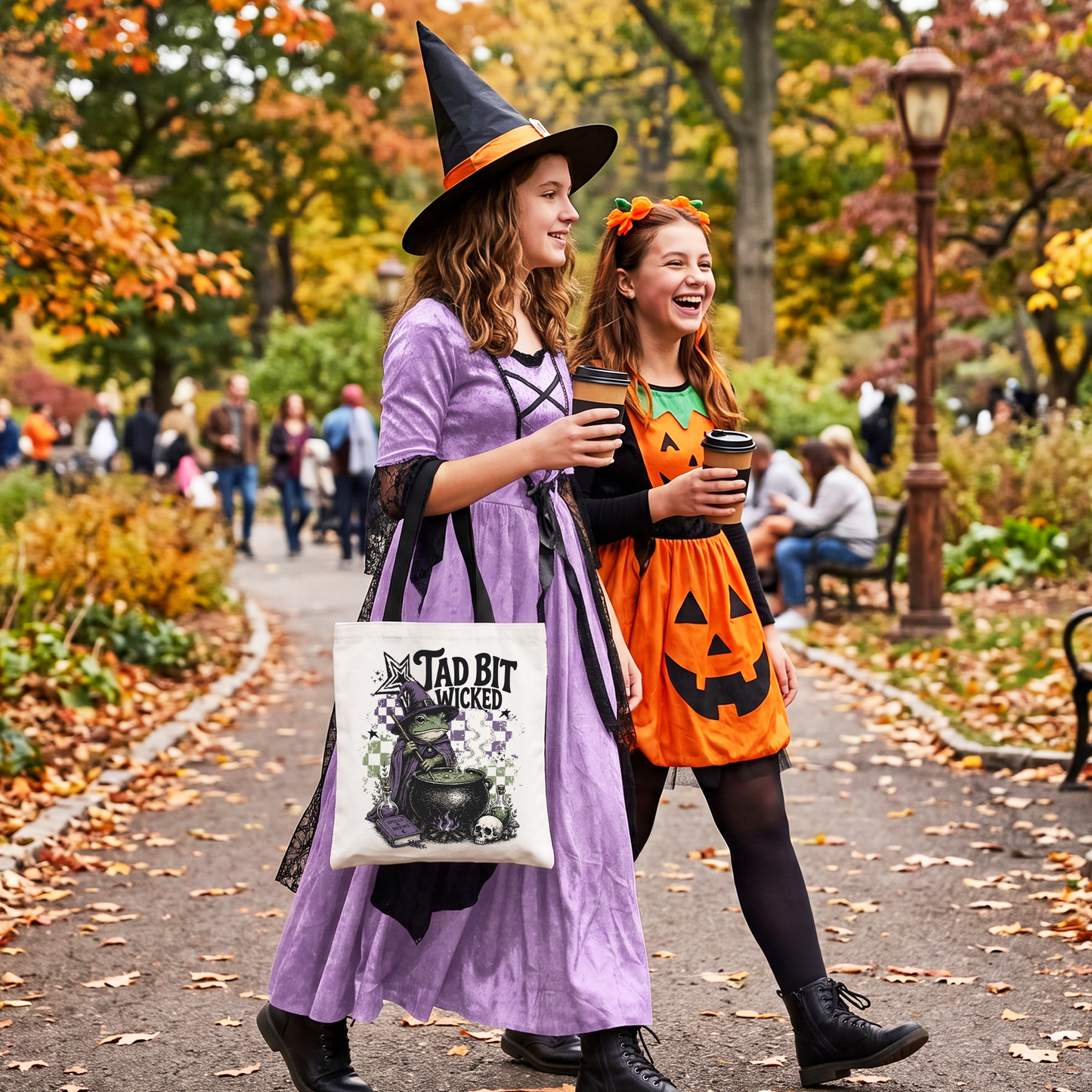 Tad Bit Wicked Frog Witch Tote Bag, Spooky Halloween Cauldron Gift Shopper