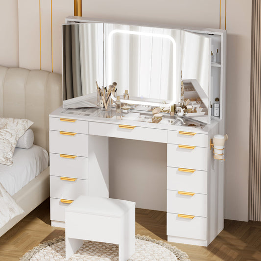 11-Drawer Vanity Desk with Tri-Fold Mirror & Hidden Storage