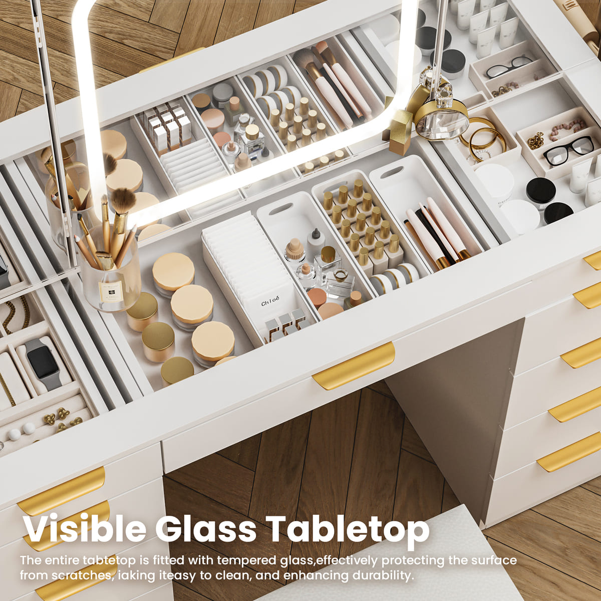 11-Drawer Vanity Desk with Tri-Fold Mirror & Hidden Storage