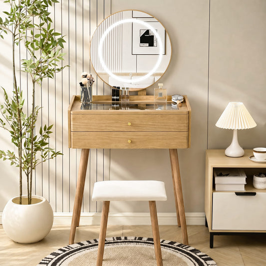 Small Glass-Top Makeup Vanity Desk with Round LED Mirror and Stool