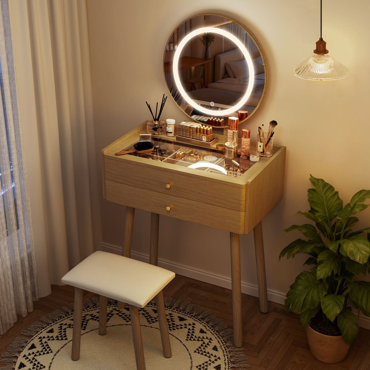 Small Makeup Vanity Desk with Round LED Mirror, Cushioned Stool& 2 Drawers