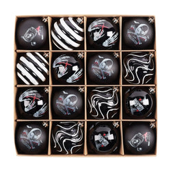 (Pre-Order) Black Gothic 16-Piece Baubles with Skulls, Skeleton Hands, Horror Prints & Striped Designs