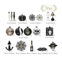 (Pre-Order) Halloween Christmas Tree Ornaments Set, 70-Piece Black & White Gothic Ornaments