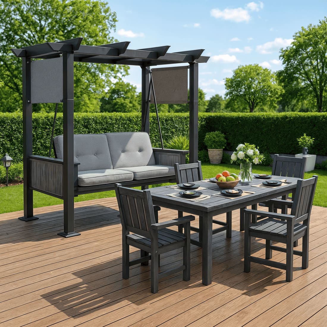 Pamapic 2 in 1 Patio Swing with 7 Pieces HDPE Dining Sets