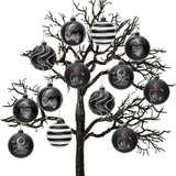(Pre-Order) Black Gothic 16-Piece Baubles with Skulls, Skeleton Hands, Horror Prints & Striped Designs