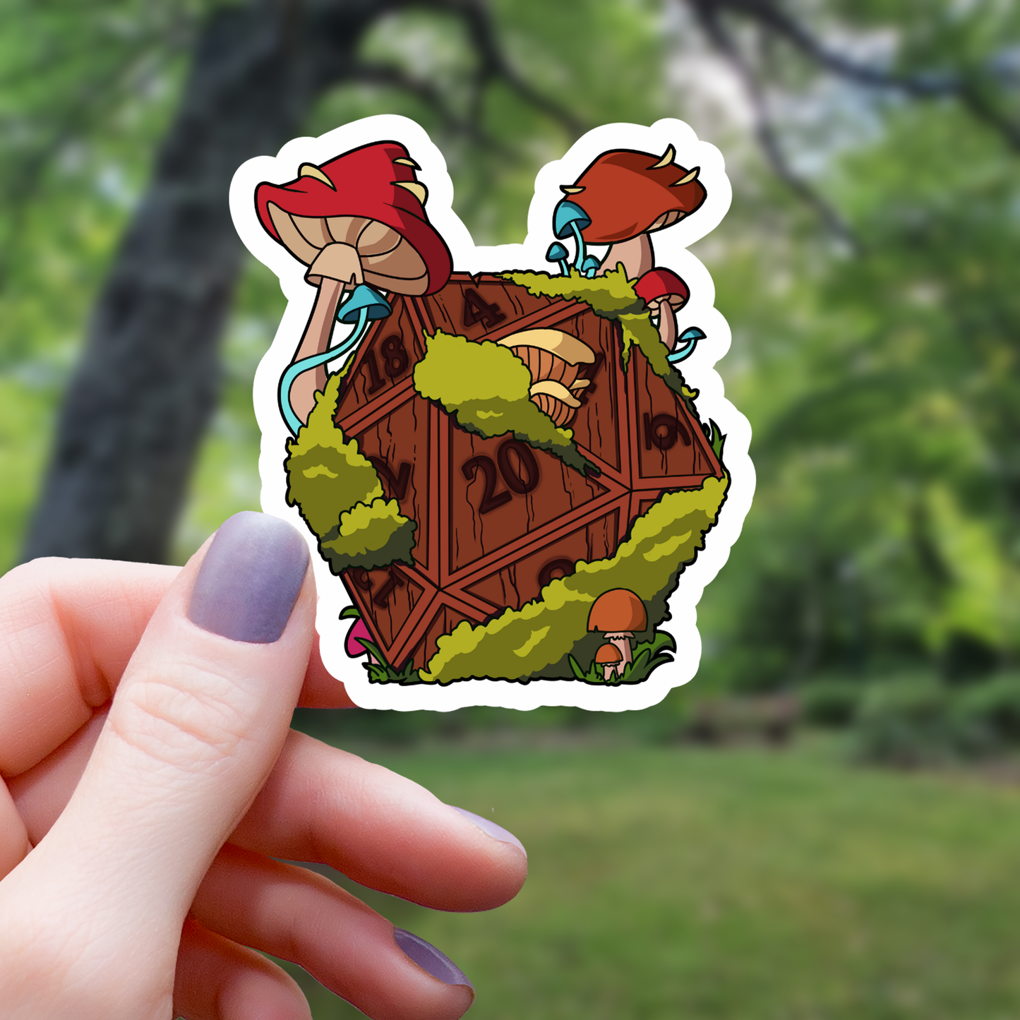 Forest Mushroom D20 Polyhedral Dice Sticker - 3"