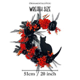 (Pre-Order) Crescent Moon Floral Black Cat Wreath, 20" Black and Orange Halloween Door Decoration