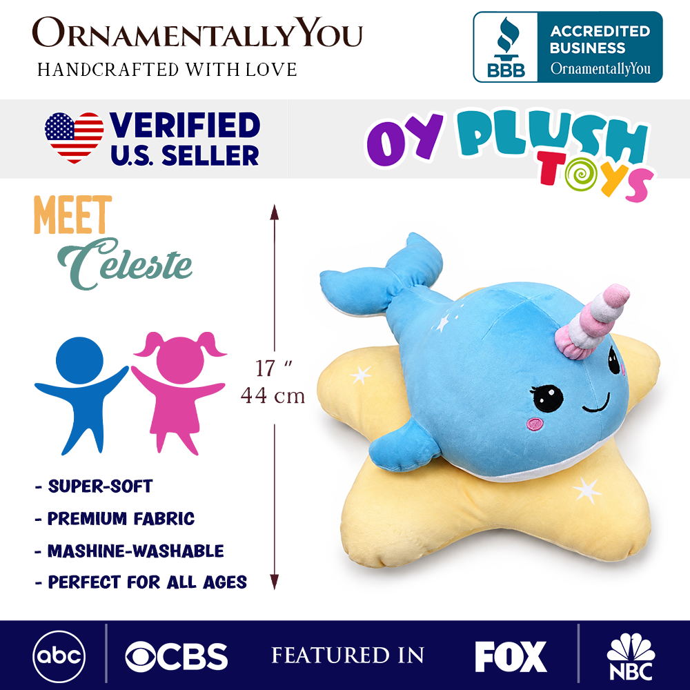 Celeste the Narwhal Plushie, Cute 17" Sea Unicorn Stuffed Animal on Star Pillow for Kids’ Gifts