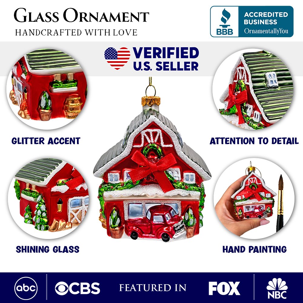 Charming Farmhouse Cabin Glass Christmas Ornament, Winter Rural Home Holiday Tree Decor